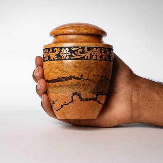Wooden urn for Small Portion of Ashes (Small Keepsake 20 Cu in Capacity) Blck Urn for Man and Women Burial and Funeral Urn Handcrafted | Unique Fractal with Black Wood Design.