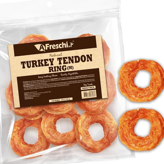 AFreschi Natural Turkey Tendon Ring (M) 10 oz, USA-Sourced Turkey Tendon, All Natural Puppy Chew, Hypoallergenic, Rawhide Alternative, for Medium Breeds