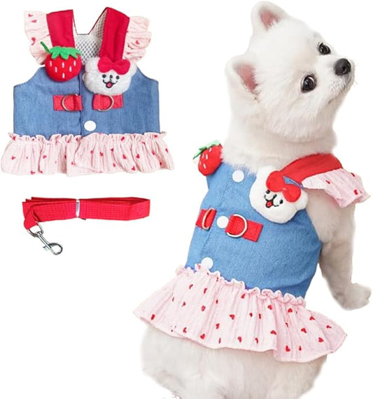 ANIAC Denim Dog Dress Harness with Leash Set Cute Small Dogs Clothes Girl Heart Patterns Puppy Dresses Breathable Mesh Cat Harness Leash Strawberry Chihuahua Yorkie Outfit (Pink Heart, Medium)