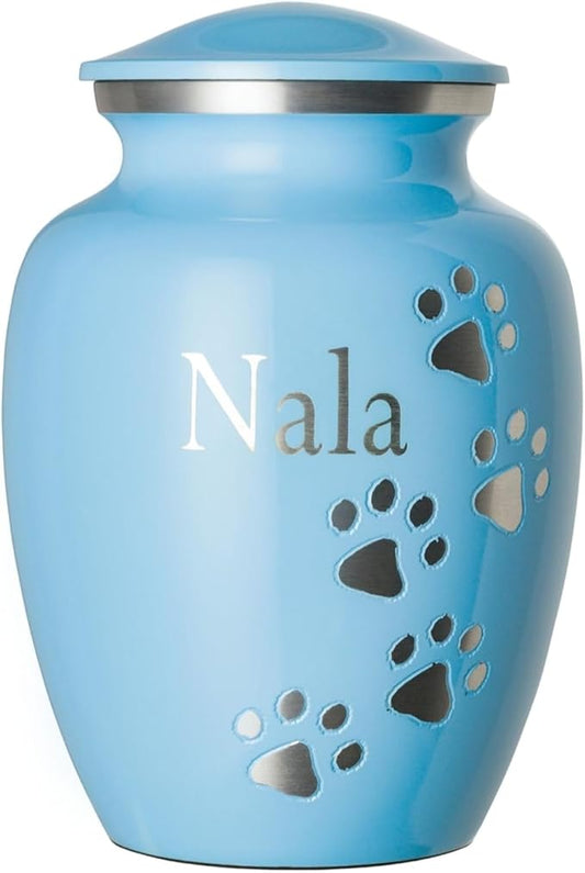 Pet Urn for Dogs and Cats with Personalized Laser Engraving, Ottillie Paws Premier Series Memorial Urns (X-Large Baby Blue with Vertical Pewter Paws)