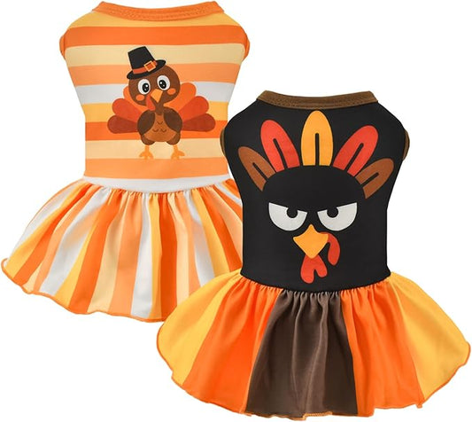 Vehomy 2-Pack Thanksgiving Dog Cat Dress - Turkey & Stripe Dog Dresses, Puppy Skirt - Small & Medium Sizes
