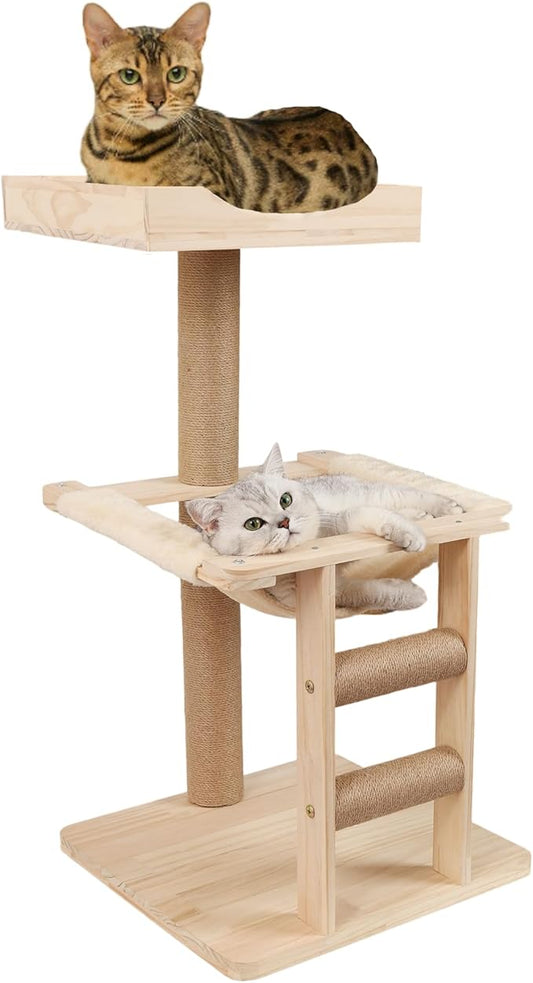 3-Level Wooden Cat Tree Tower for Large Cats, Modern Stable Indoor Cat Tower with Scratching Posts, Climbing Stairs, Cozy Hammock and Soft Condo