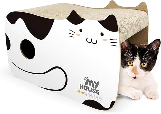 TTCAT Cute Kawaii Cat House Cat Scratching Pad Corrugated Cardboard Cat Scratcher Lounge, Durable Cat Scratching Board for Furniture Protection.Black+White