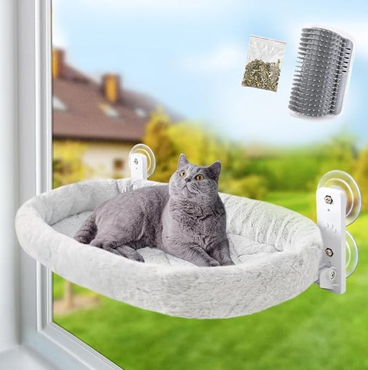Sinai Pet Shop Cat Window Perch ??Cordless Foldable Hammock with Cushion Bed, Self-Groomer with Catnip Included, Durable Metal Frame with Strong Suction Cups, Space-Saving for Large Indoor Cats