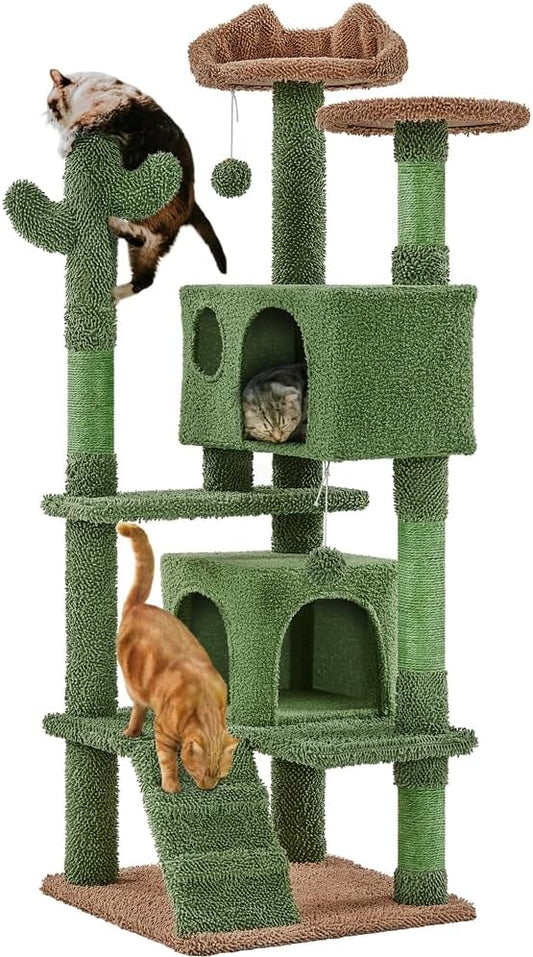 Yaheetech Cactus Cat Tree, 54.5in Tower w/Ramp, Animal-Ear Shaped Perch, Scratching Posts, Platform & Hanging Ball, Multi-Level Condo for Indoor Kittens, Green/Brown