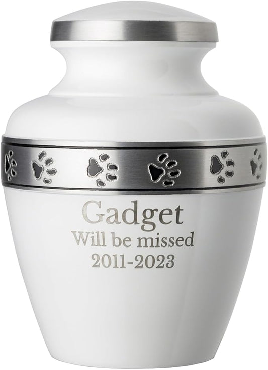 Pet Urn for Dogs and Cats with Personalized Laser Engraving, Morgan Paws Premier Series Memorial Urns for Dogs and Cats (Large, Cloud White, Pewter Band)