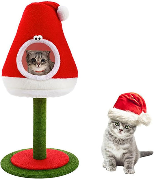 36.6 Inch Christmas Cat Tower with Cat Scratching Post and Red House Scratcher Tall Tree Tower Nature Sisal Christmas Hat Scratcher Activity Center Play Condo for Indoor