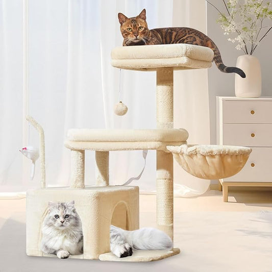 Taoqimiao MS043M Cat Tree, 32.2-Inch Cat Tower for Indoors Cats, Cat Condo with Large Cat Perch, Spacious Cat Cave, Scratching Posts for Small and Medium Cats, Beige