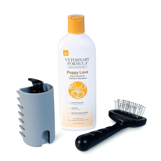 Puppy Love Gentle Bath & Grooming Set by Tweezerman & Veterinary Formula ??Tearless Puppy Shampoo with 2-in-1 Bath Brush & Small Slicker Brush ??Complete Bath Kit for Small Dogs & Puppies