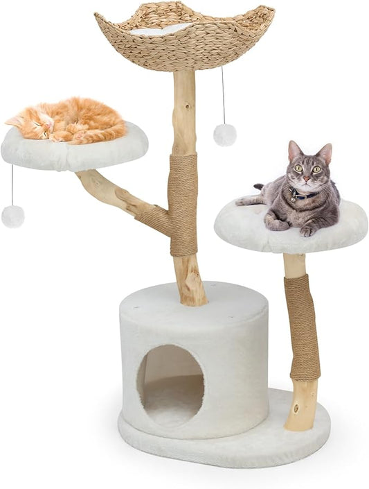 Solid Wood Cat Tree Tower, Modern Multi-Level w/ 2 Flower Perches, Scratching Post, Hanging Ball - Luxury Boho Cat Furniture w/Condo & Wicker Basket for Indoor Cats
