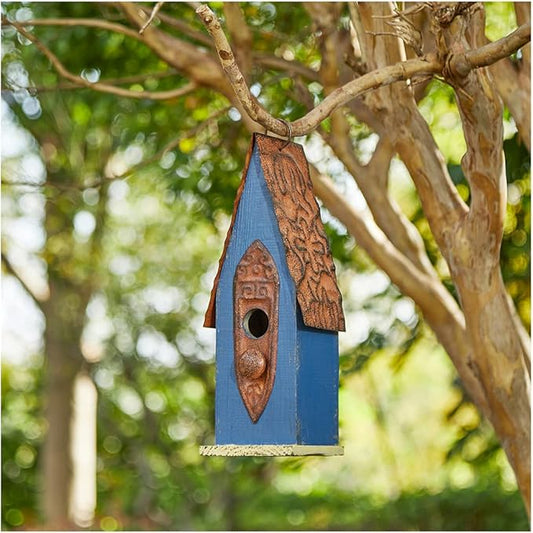 Glitzhome 13.25" H Retro Blue Distressed Solid Wood Birdhouse Hanging Garden Bird House for Outdoors