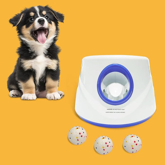 Automatic Dog Ball Launcher-Small Silent Dog Ball Thrower, 3 Adjustable Distances (20ft/33ft/46ft), Rechargable,Includes 3 Durable 2.3" Balls for Small/Medium Dogs (Blue, Medium)