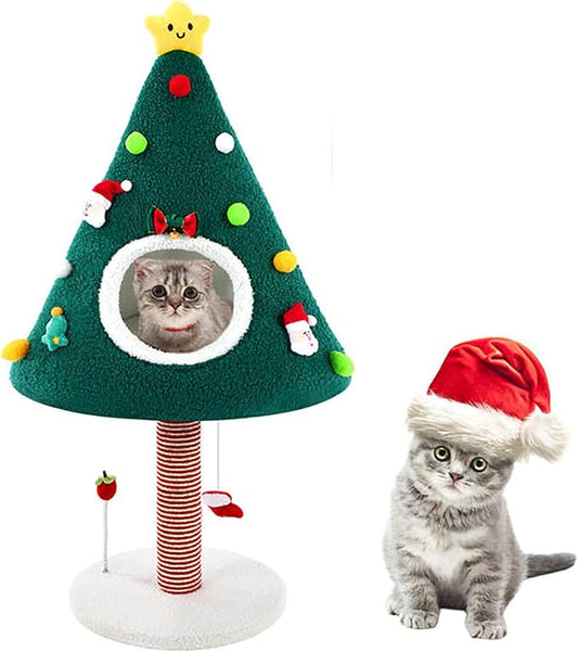 36.6 Inch Christmas Cat Tower with Cat Scratching Post and Green House Scratcher Tall Tree Tower Nature Sisal Christmas Tree Scratcher Activity Center Play Condo for Indoor