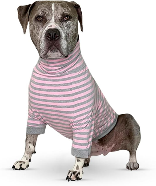 Tooth & Honey Big Dog Stripe Shirt Pullover with Full Belly Coverage for Pitbulls and Large Dogs – Pink and Grey (XXL)