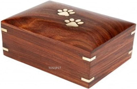 TOSQP27 Pet Cremation Urn for Dog & Cat Ashes ??Rosewood Brass Inlay Memorial Box, Handcrafted Wooden Keepsake Urn for Small Pets, Burial & Remembrance Chest