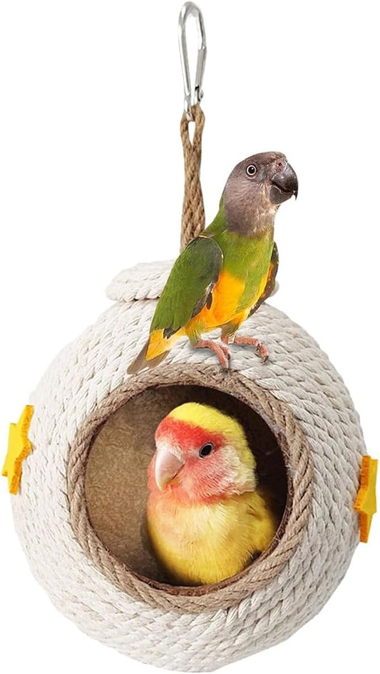 Tfwadmx Natural Coconut Fiber Hanging Birdhouse for Cage Coconut Hide with Loop Coconut Bird Shell Breeding Nest for Parrot Parakeet Lovebird Finch Canary, Pet Cage Habitats Decor,Small Animals House
