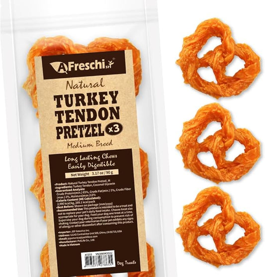 AFreschi Turkey Tendon Pretze (M) 3.17 oz, USA-Sourced Turkey Tendon, All Natural Human Grade Dog Chew, Hypoallergenic, Rawhide Alternative, Dog Treats for Medium Breeds
