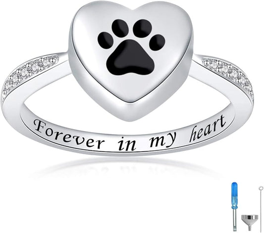 925 Sterling Silver Love Heart Urn Ring for pet Dog Cat's Ashes Keepsake Memorial Tiny Jewelry Forever in My Heart Paw Print Cremation Finger Rings