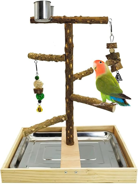 Tfwadmx Bird Perch Natural Wood Stand Toy Parrot Play Stand Platform Bird Cage with Removable Tray and 2 Stainless Steel Cups for Parakeets Canaries Cockatiels Conure Lovebirds