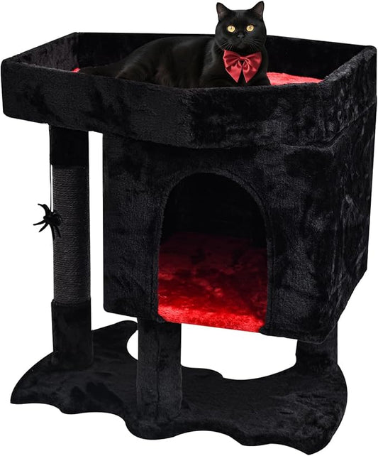 SYANDLVY Gothic Cat Tree with Coffin Bed for Indoor Cats, Activity Tower with Scratching Post, Modern Condo with Plush Perch & Hanging Spider for Large Cats Play, Black & Red