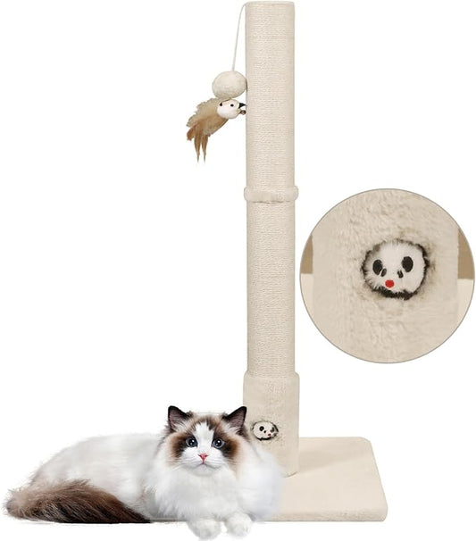 34?˜â€?Tall Cat Scratching Post with Premium Sisal Rope for Indoor Scratcher Post Tree for Indoor Cat Toy with Mouse Hole, Hanging Ball for Adult Cats and Kittens(Beige)