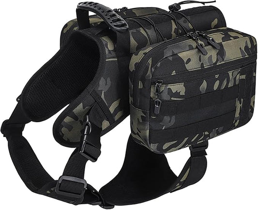 BYGD Outdoors Dog Hiking Backpacks, Hiking Backpack for Large Dogs with Side Pockets, Adjustable Strap, Large Capacity 2 Spacious Side Bags, Breathable Waterproof Fabric (Camo)
