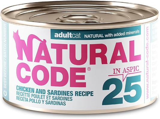 Natural Code Limited Ingredient Wet Cat Food Topper, High Protein, Low Fat, Additive-Free, Non-GMO, No Artificial Colors or Flavors, Chicken & Sardines in Aspic for Adult Cats, 24 Pack of 3oz Cans