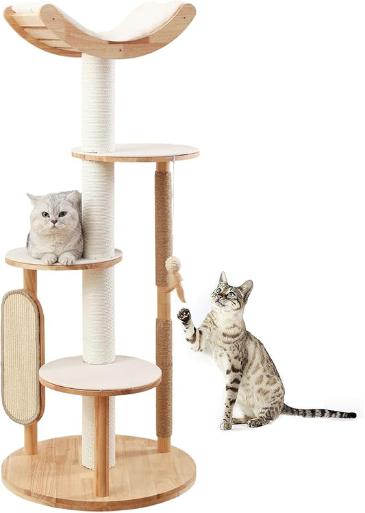 55" Cat Tree Tower for Large Indoor Cats, Solid Rubber Wood Cat Tree with Scratching Posts, Heavy-Duty Cat Condo with Sisal Scratcher, Sturdy Non-Slip Platforms, Soft Cushioned Bed