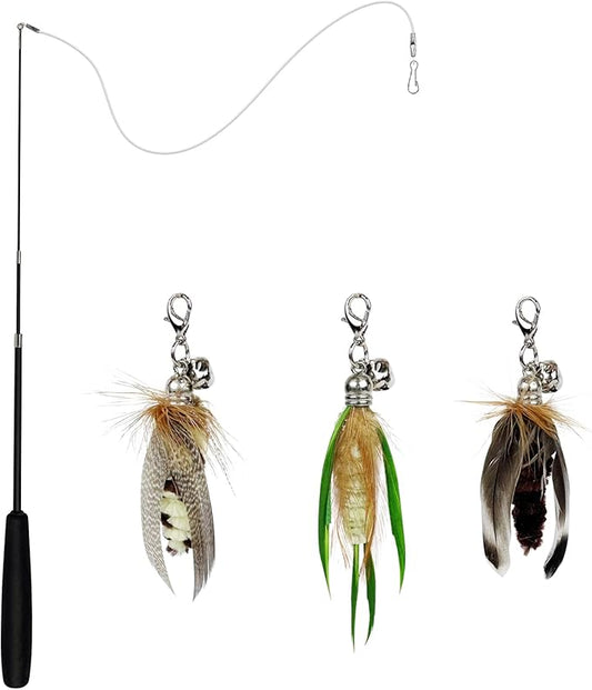 TTcat Cat Feather Wand Toys,Retractable Wand Toy with 3 Mini Insect Refills, Transparent Carbon Wire,Interactive Cat Toy Kitten Toy for Indoor Cats to Play Chase Exercis.