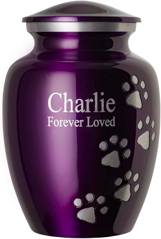 Pet Urn for Dogs and Cats with Personalized Laser Engraving, Ottillie Paws Premier Series Memorial Urns (X-Large Amethyst Purple with Vertical Pewter Paws)