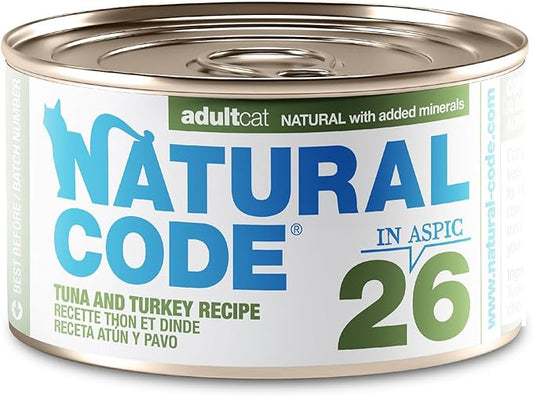 Natural Code Limited Ingredient Wet Cat Food Topper, High Protein, Low Fat, Additive-Free, Non-GMO, No Artificial Colors or Flavors, Tuna & Turkey in Aspic for Adult Cats, 24 Pack of 3oz Cans