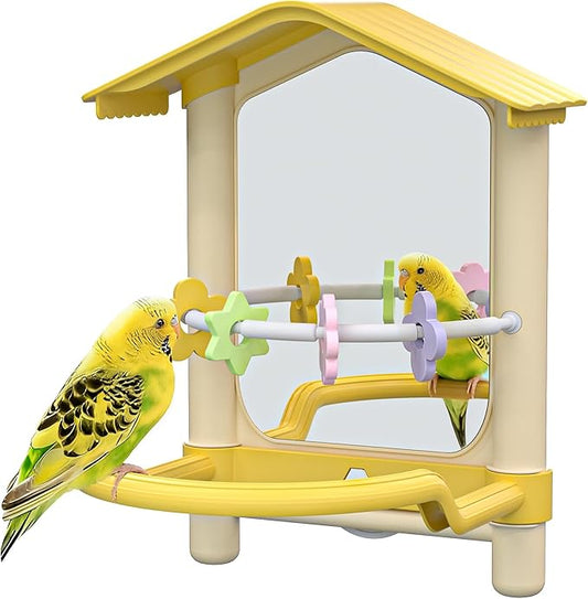 8.1 Inch Pet Bird Mirror with Perch Stand and Parakeet Chew Toys,Parrot Toys Bird Cage Decorative Accessory, Helps Birds Release Stress for Canaries Budgies Lovebirds Conures Cockatiels (Yellow)