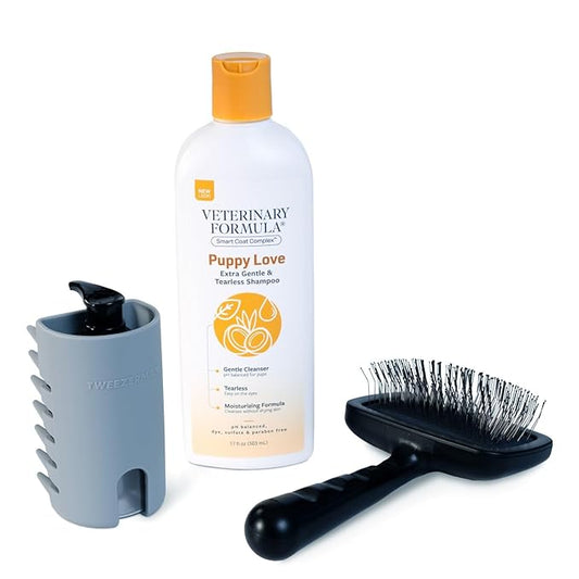 Puppy Love Gentle Bath & Grooming Set by Veterinary Formula & Tweezerman ??Tearless Puppy Shampoo with 2-in-1 Bath Brush & Large Slicker Brush ??Complete Bath Kit for Medium & Large Dogs & Puppies