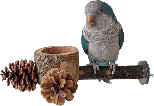2 Pcs Bird Perch with Safe Bowl Wood & Pinecones - Bird Toys Chew Toys 100% Natural & Durable for Cockatiel, Conure, Budgie, Lovebird, Parakeet - Birdcage Accessory for Foraging & Oral Health