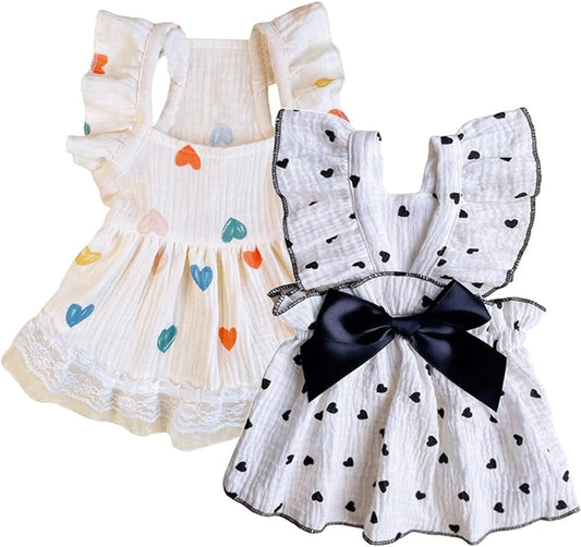QWINEE 2pc Cute Heart Pattern Dog Dress Ruffle Trim Princess Dress Cat Vest Dress Lace Trim Summer Dress Pet Clothes for Small Medium Cats Dogs Kitten Puppy Black Multi Small