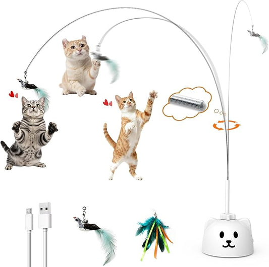 Interactive Cat Toys for Indoor Cats: Upgraded 360° Automatic Spin Flying Bird Feather Wand with Silicone Protected Rod Safe Play, Strong 8cm Suction Cup, USB-Rechargeable for Bored Kittens and Adult