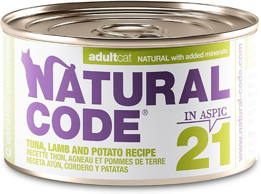Natural Code Limited Ingredient Wet Cat Food Topper, High Protein, Low Fat, Additive-Free, Non-GMO, No Artificial Colors or Flavors, Tuna, Lamb & Potato in Aspic for Adult Cats, 24 Pack of 3oz Cans