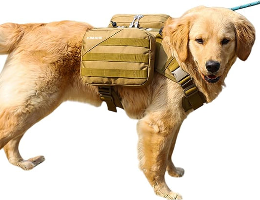 x Jumahe Dog Hiking Backpacks, for 85-125 lbs Large-Giant Dogs, Dog Hiking Back Pack, 5 Adjustable Buckles, Large Capacity 2 Spacious Side Bags, Breathable Waterproof Fabric (Khaqi)
