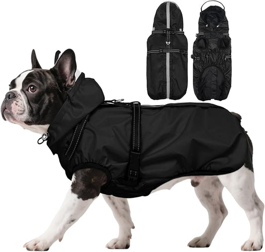 Dog Raincoats for Large Dogs, Waterproof Dog Rain Coat with Adjustable Built-in Harness & Back Zipper, Reflective Strip, Removable Hood, for Rainy Walks, Muddy Roads - Black L