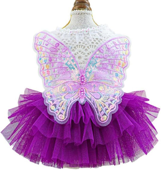 ANIAC Butterfly Dog Dress with Purple Tutu Funny Doggy Clothes with Wing Girl Puppy Dress for Small Dogs Pet Butterfly Costume Holiday Cat Outfit for Halloween Birthday Wedding (Purple, X-Large)