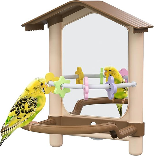 8.1 Inch Pet Bird Mirror with Perch Stand and Parakeet Chew Toys,Parrot Toys Bird Cage Decorative Accessory, Helps Birds Release Stress for Canaries Budgies Lovebirds Conures Cockatiels (Brown)