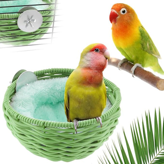 VTurboWay 1 Pack Bird Rattan Nest with 1 Pcs Nest Mat Egg Laying Bed Breeding House for Parrot Lovebird Cockatiel Budgerigar Finch Canary (Green)