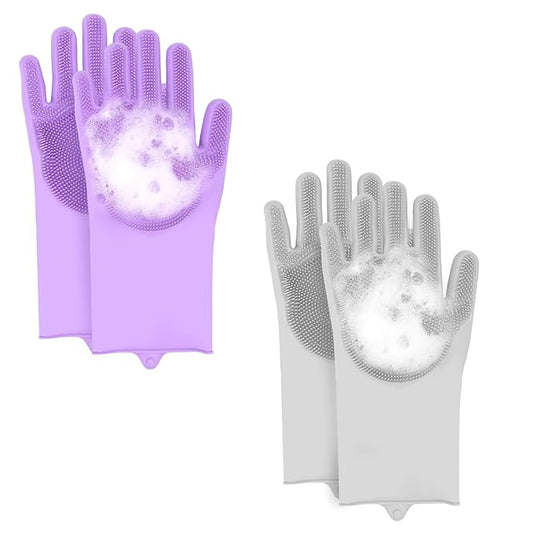 2-Pair Pet Hair Remover Glove for Dogs and Cats Washing, Grooming, & Deshedding ??Multipurpose Silicone Dog Bath Gloves, Cat Brush Glove Mitt for Pet Cleaning & Household Use (Purple & Grey)