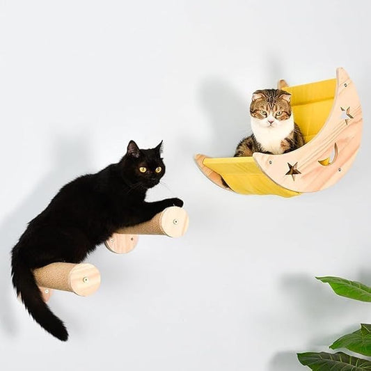 Wall Cat Bed Moon Hammock Wall Mounted Shelf with 2 Steps Climbing Sheves and Sisal Platforms Rope Scratching Post Wood Wall Furniture Bridge Ladder Wooden Indoor Cats Wall Bed-Moon Set