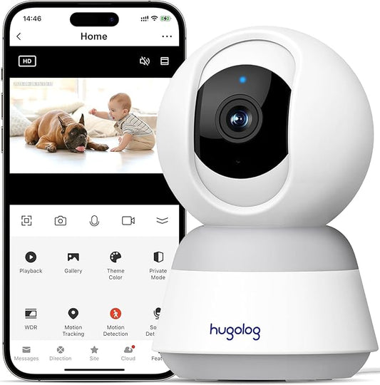 Hugolog 4K 8MP Indoor Pan/Tilt Security Camera with Auto-Focus,Ideal for Baby Monitor/Pet Camera/Home Security,Starlight Color Night Vision,Human/Pet AI,Noise Reduction,US Cloud,Works with Alexa