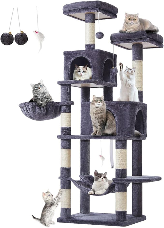Taoqimiao Cat Tree, 66.2-Inch Cat Tower for Indoor Cats, Plush Multi-Level Cat Condo with 7 Scratching Posts, 2 Perches, 2 Caves, Hammock, 2 Pompoms, Smoky Gray MS013G