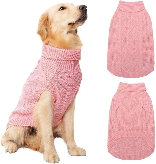 Mihachi Turtleneck Dog Sweater - Winter Coat Apparel Classic Cable Knit Clothes with Leash Hole for Cold Weather, Ideal Gift for Pet in New Year Flesh Pink Medium/Large