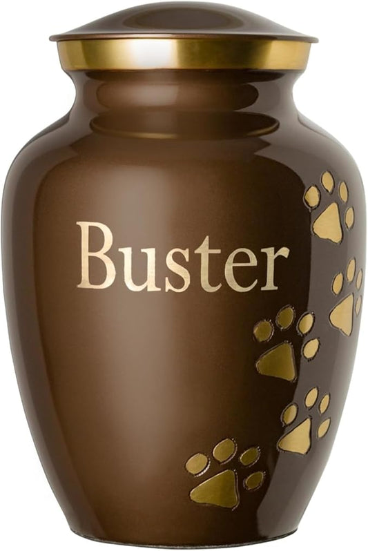 Pet Urn for Dogs and Cats with Personalized Laser Engraving, Ottillie Paws Premier Series Memorial Urns (X-Large Harvest Brown with Vertical Brass Paws)