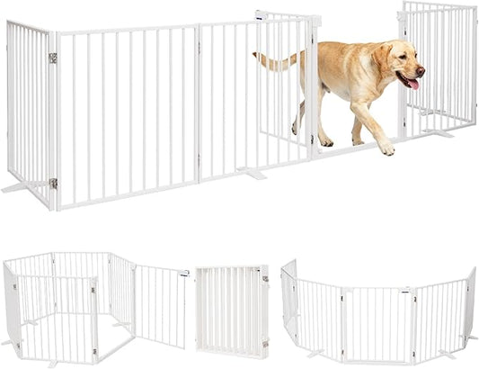 156" Extra Wide Dog Gate, Heavy Duty Metal Freestanding Dog Gate with Door for Indoor & Outdoor, Foldable Pet Fence for Doorways,House,Porch,Deck,Yard,Stairs, Auto Close(6 Panels,White)