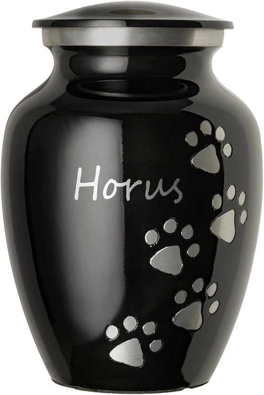 Pet Urn for Dogs and Cats with Personalized Laser Engraving, Ottillie Paws Premier Series Memorial Urns (Small Ebony with Vertical Pewter Paws)